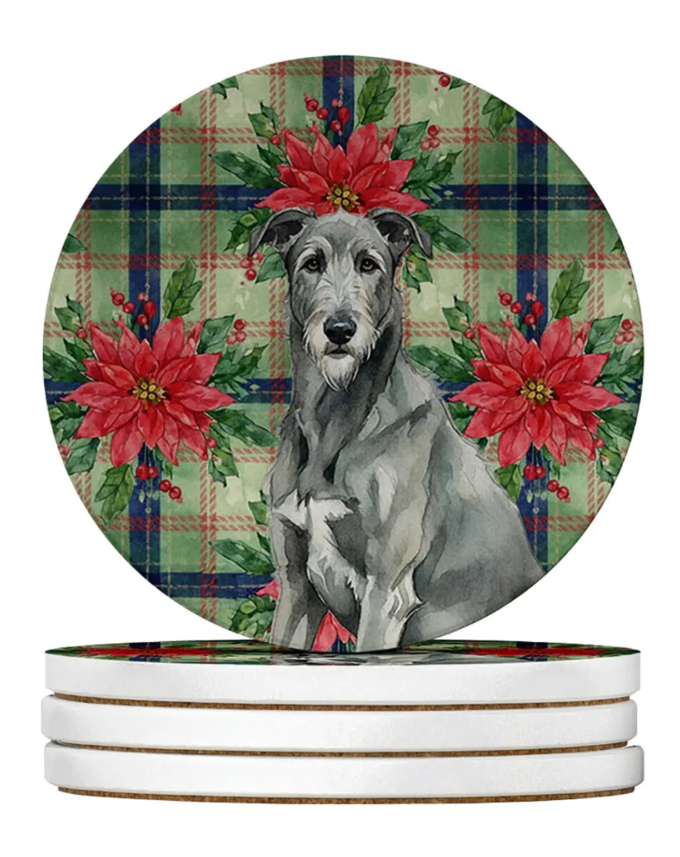 Carolines Treasures WDK8675RCS4 4 x 4 in. Gray Irish Wolfhound Christmas Poinsettias Large Sandstone Coasters, Pack of 4