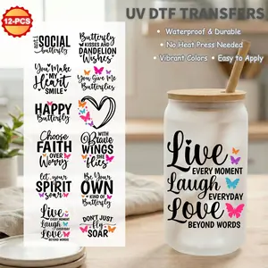 12pcs Inspirational Butterfly UV DTF Cup Wraps, Positive Quotes & Affirmations Sticker Bundle, Scrapbook Materials, Waterproof Decals for Libbey Glass & Mugs