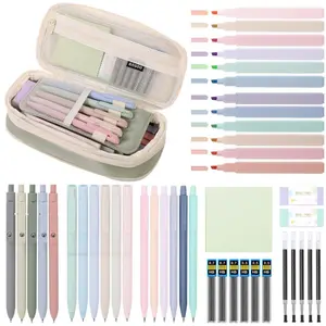 Aesthetic School Supplies Set, 1 Set Cute College Essentials Set, Big Capacity Pen Case, Pastel Highlighters, Annotation Kit Stuff Gift for Girls Teen