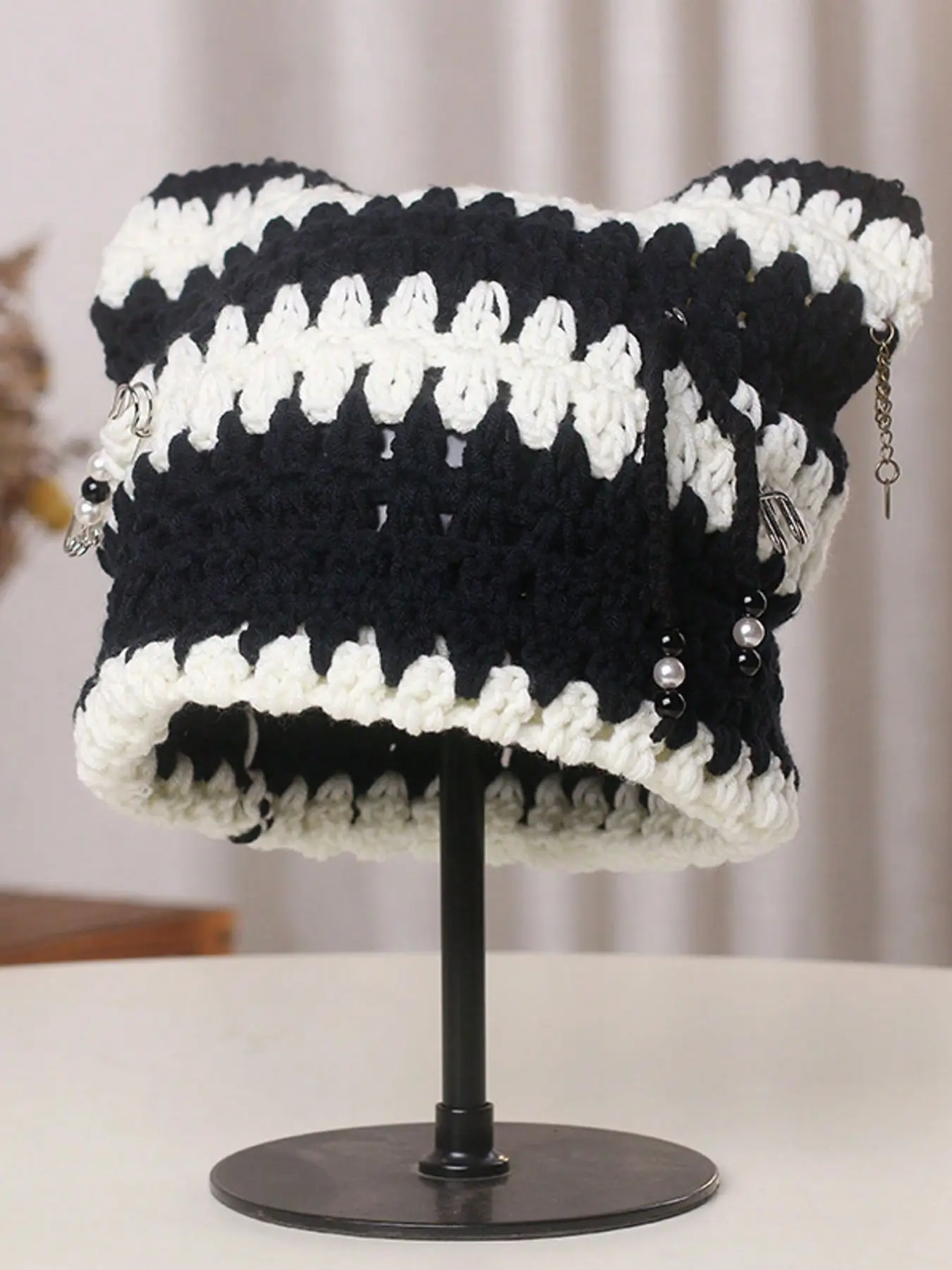Unisex Cute Cat Ear Handmade Crochet Knit Hat, Detachable Metal Pin Fringe Decoration Punk Cap Y2K Street Fashion Hip Hop Hollow Out Fun Striped Hat Knitting Beanie Fitted