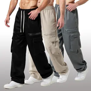 Men's stylish casual pants with zipper, drawstring waistband, multiple functional pockets, suitable for outdoor sports