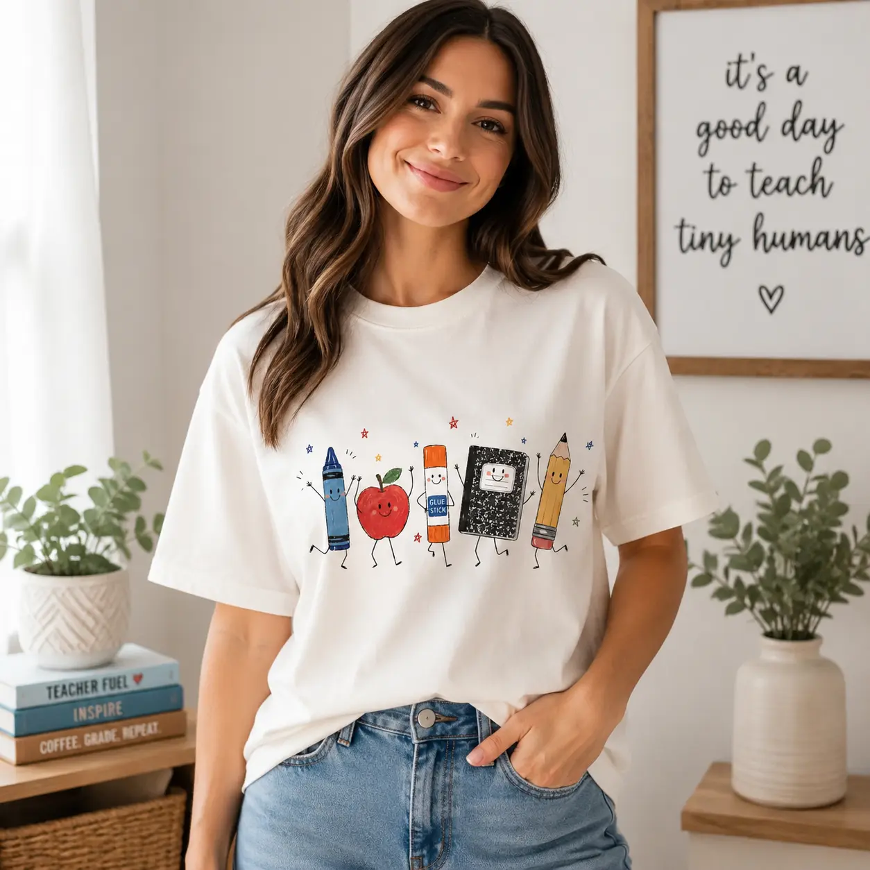 Cute School Supplies Heritage Graphic Tee, Aesthetic Back To School Spirit Shirt, Radiant Teacher Crayon Apple Pencil Notebook Top, Thoughtful Classroom Sublimation Gift Boutique Heritage Apparel Womenswear Women