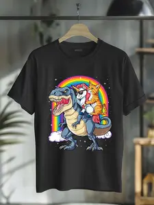 100% Cotton Cat Unicorn Riding Dinosaur T rex Kitten Lover Space Galaxy T-Shirt