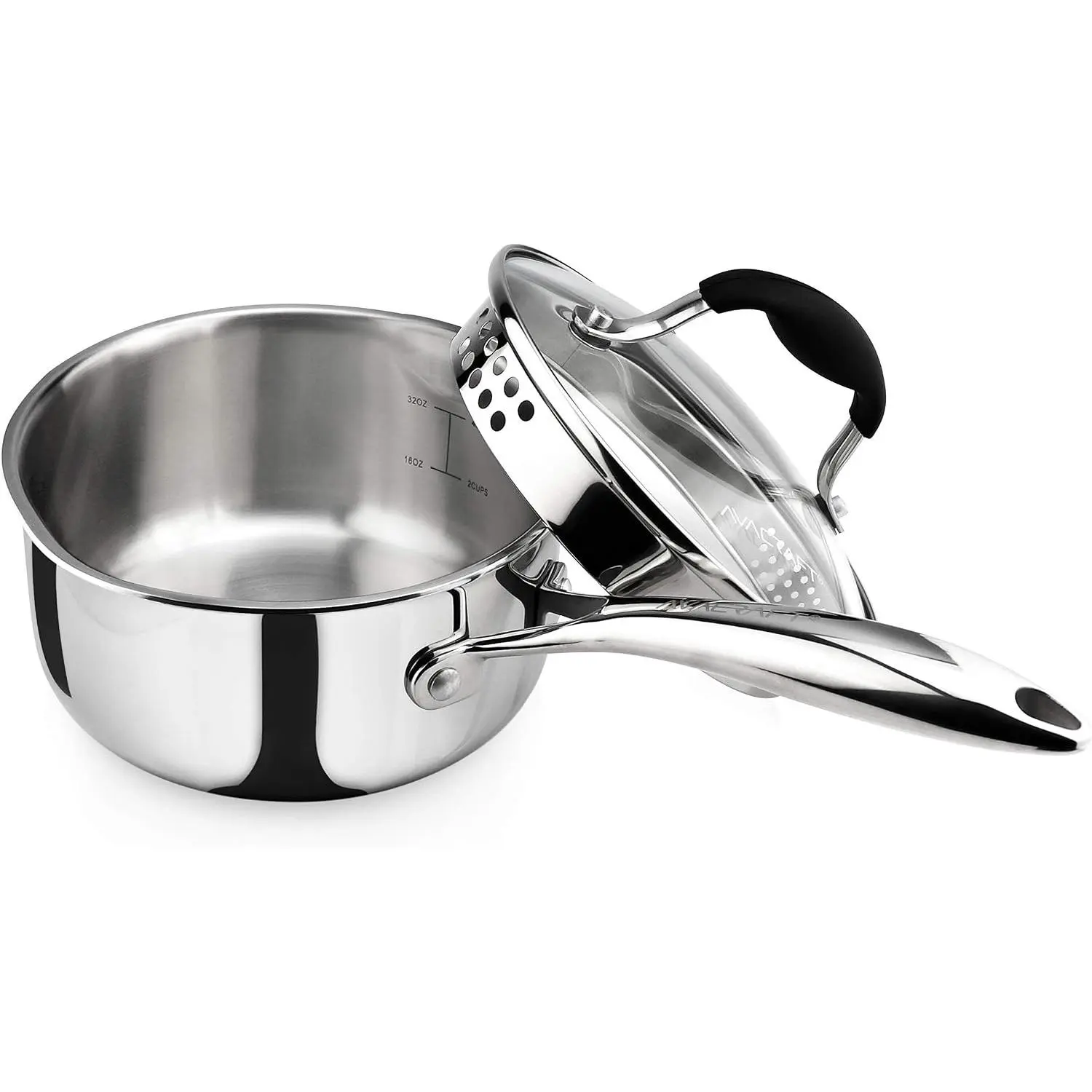 Tri-Ply Stainless Steel Saucepan with Glass Strainer Lid, Two Side Spouts, Ergonomic Handle, Multipurpose Sauce Pan with Lid, Sauce Pot, Cooking Pot, Tri-Ply Full Body, 1.5 Quart