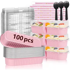 100 Pack Mini Loaf Pans with Lids Spoons and Sealing Sticker, 6.8oz Mini Cake Pans for Baking, Disposable Aluminum Foil Pink Loaf Baking Pans, Small Cake Containers With Lids