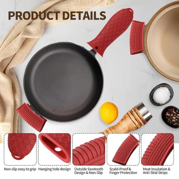 3Pcs Silicone Hot Handle Holder Set, Heat Resistant Pot Handle Sleeve & Assist Handle Holder, Anti-Slip Rubber Pot Ear Clip, Protective Oven Mitts for Cast Iron Skillets, Frying Pans, and Metal Griddles