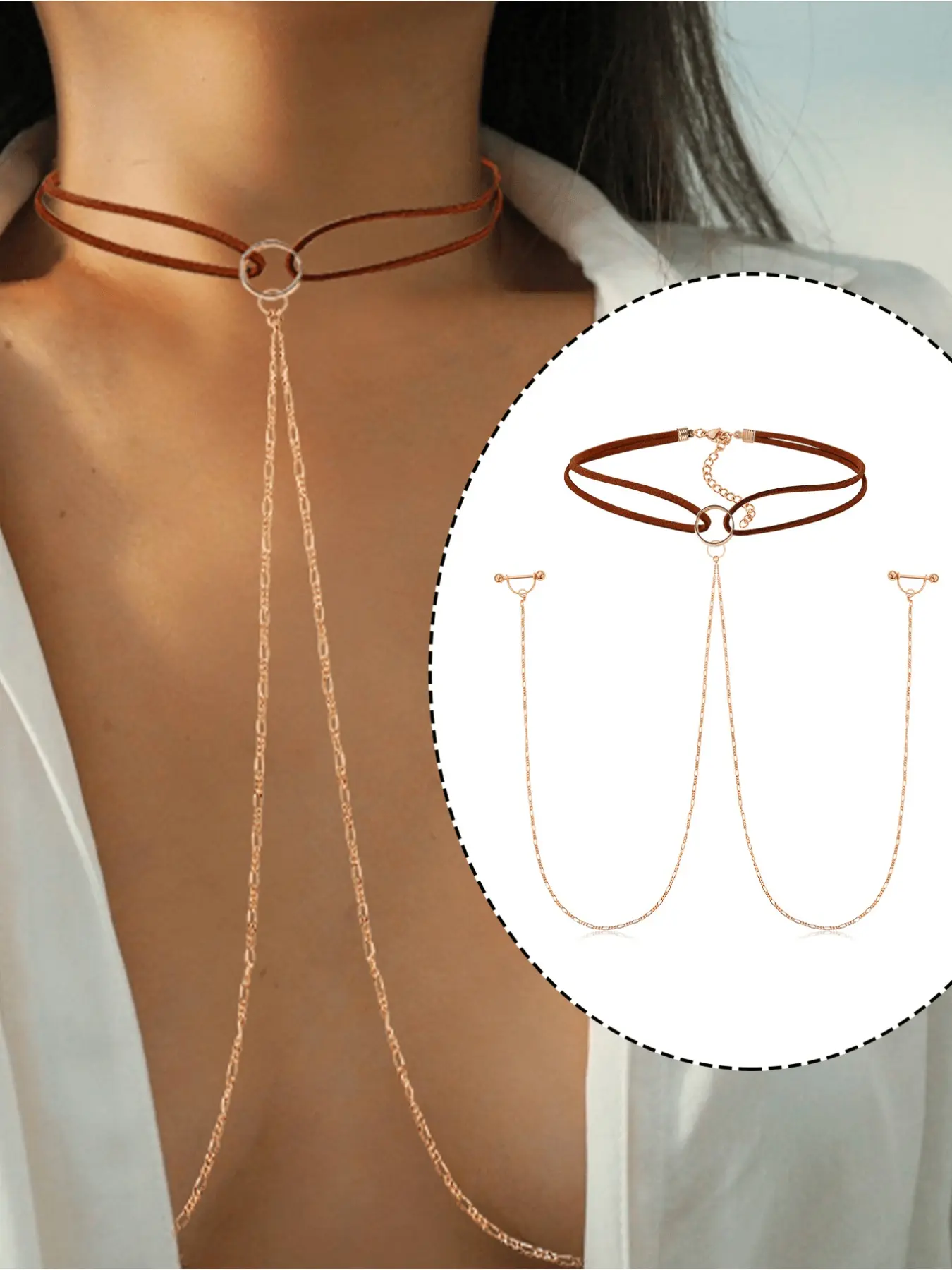 1pc Fashionable Nipple Ring With Chain Body Piercing For Women, Nipple Jewelry Chain Non Piercing, Chain Necklace To Nipple Body Chain, Fake Nipple Piercings