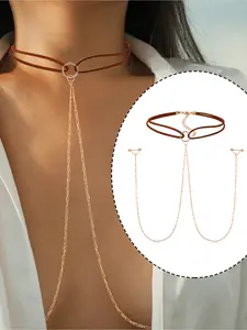 1pc Fashionable Nipple Ring With Chain Body Piercing For Women, Nipple Jewelry Chain Non Piercing, Chain Necklace To Nipple Body Chain