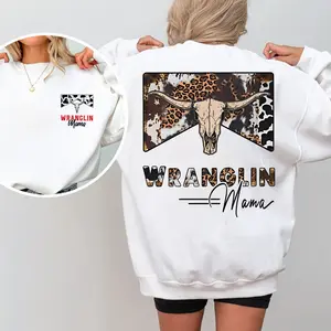 [NEW COLLECTION][Made In USA] Wranglin Mama Sweatshirt, Western Cow Print Leopard Skull Graphic Sweatshirt, Country Rodeo Shirt for Moms, Cozy Fleece Sweatshirt, Everyday Casual Comfort, Mother Day Gift, Gift For Birthday Mom - TShirt, Sweatshirt