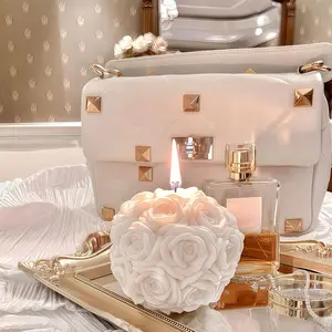 White rose ball scented soy candle, 5x6cm flower-shaped pillar candle, burns for 20 hours, wax mold material, scented candle, suitable for vintage home decoration, Christmas, Mother's Day gifts, and parties