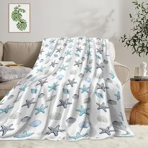 Coastal Ocean Beach Throw Blanket, Starfish Seashells Summer Flannel Blue Grey on White Blanket, Ocean Theme Lightweight Soft Cozy for Sofa Couch Bed Room Decor