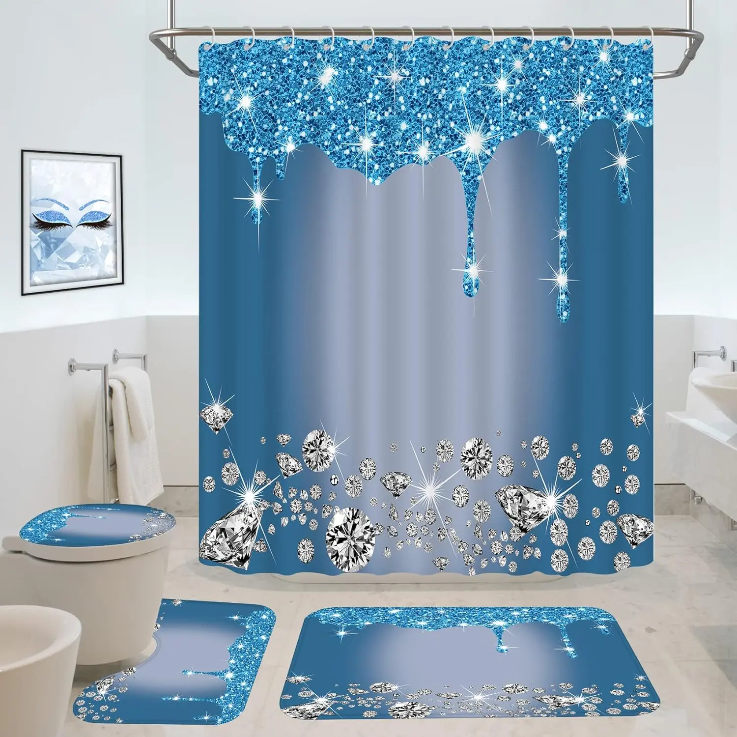 72x72 in Washable Polyester Diamond Print Glitter Shower Curtain Set (4 Pcs) - Blue Shiny Drips Bath Decor, Non-Slip Rug, Toilet Lid Cover, 12 Hooks, 70.86"l*70.86" Fabric, Machine Wash Waterproof Bathroom Accessory, 17.32"l*14.96" Accent