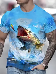 Men's Fishing Theme 3D Print Short Sleeve T-Shirt, Casual Trendy Summer Top, Blue Jumping Fish Pattern Round Neck Men's Clothing