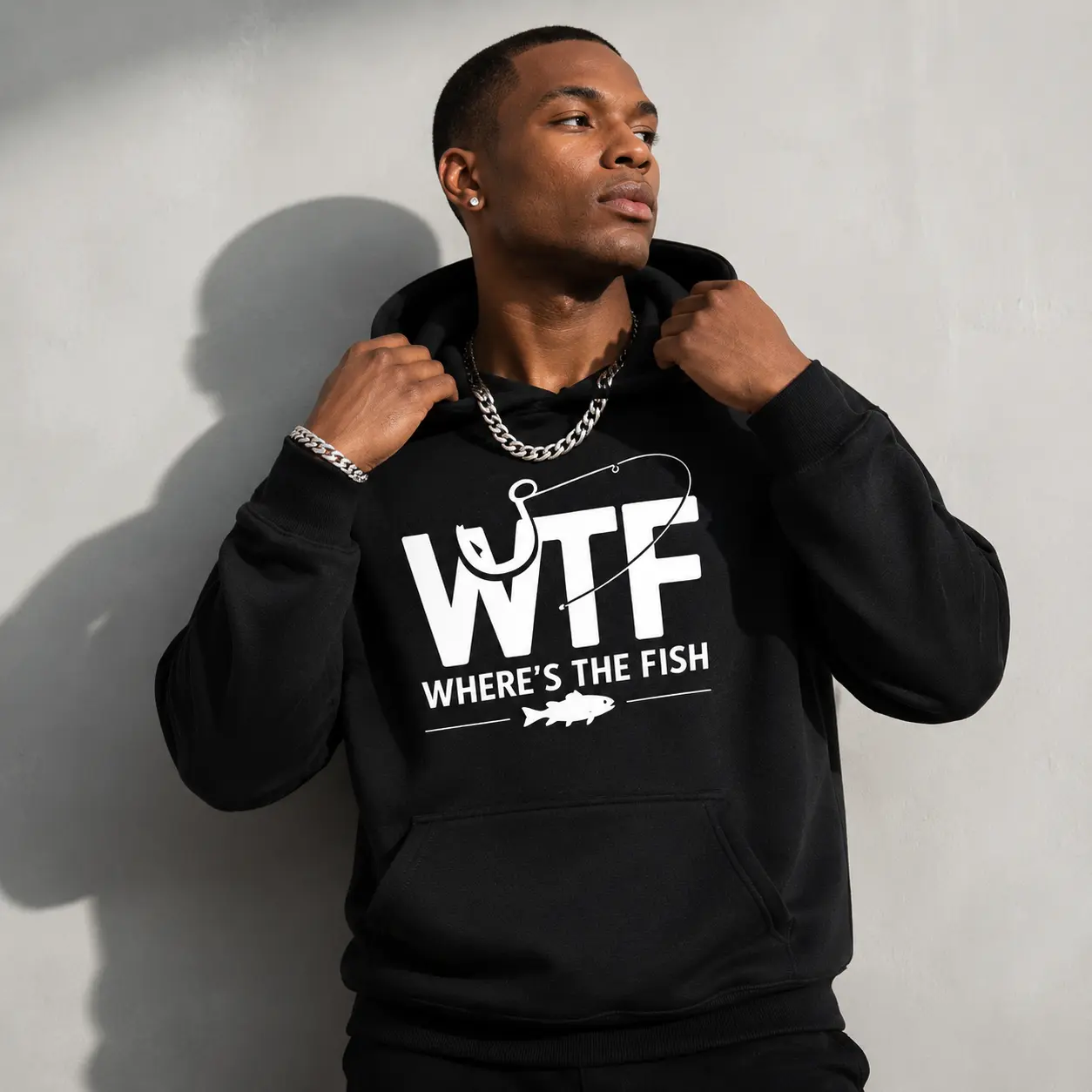 Fishing Hoodie Men's Funny Graphic Pullover Sweatshirt, WTF Where's The Fish Print, Outdoor Angler Hoodie, Casual Streetwear Top, Gift for Fishermen
