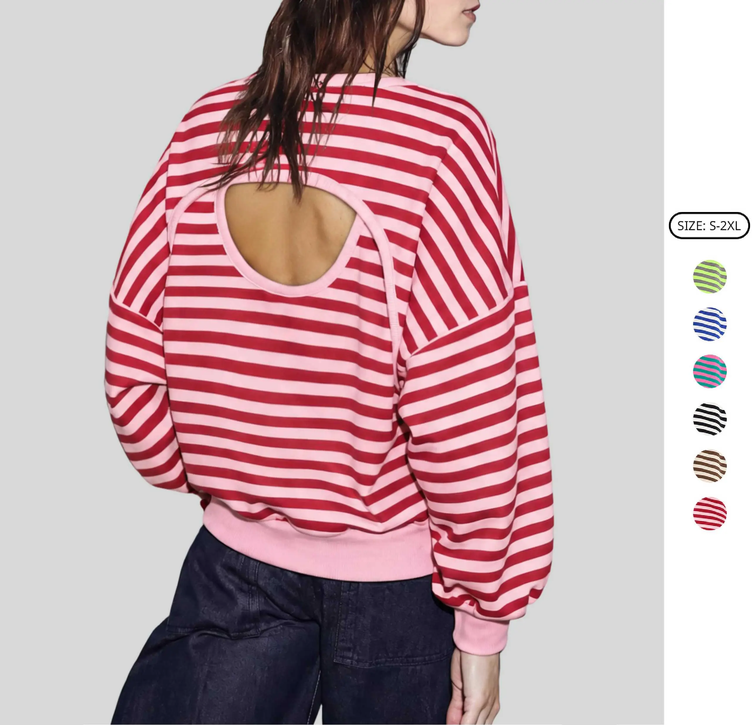 Imily Bela Women’s Striped Oversized Pullover Sweatshirt, Open Back Design, 2026 Cutout Back Pullover Top, Fashion Casual Long Sleeve Shirt