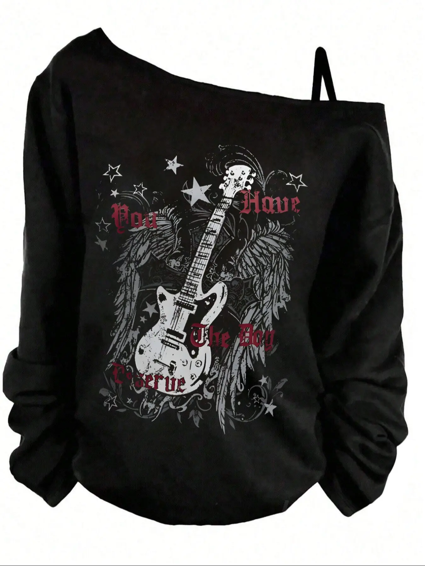 Women's Guitar & Wings Graphic Print Statement Aesthetic Top, Long Sleeves, Y2K Style, Adjustable Straps, Loose-Fitting Shoulder Cut Out Shirt, Spring & Fall Casual Wear