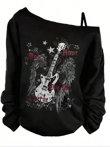 Women's Guitar & Wings Graphic Print Top, Y2K Style, Adjustable Straps, Loose-Fitting Shoulder Cut Out Shirt, Spring & Fall Casual Wear
