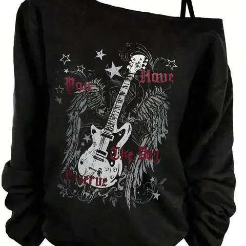 Women's Guitar & Wings Graphic Print Aesthetic Top, Long Sleeves, Y2K Style, Adjustable Straps, Loose-Fitting Shoulder Cut Out Shirt, Spring & Fall Casual Wear, Fashion Streetwear Clothing