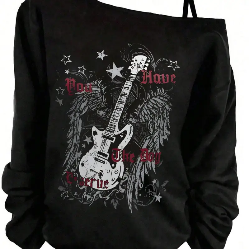 Women's Guitar & Wings Graphic Print Aesthetic Top, Long Sleeves, Y2K Style, Adjustable Straps, Loose-Fitting Shoulder Cut Out Shirt, Spring & Fall Casual Wear, Fashion Streetwear Clothing