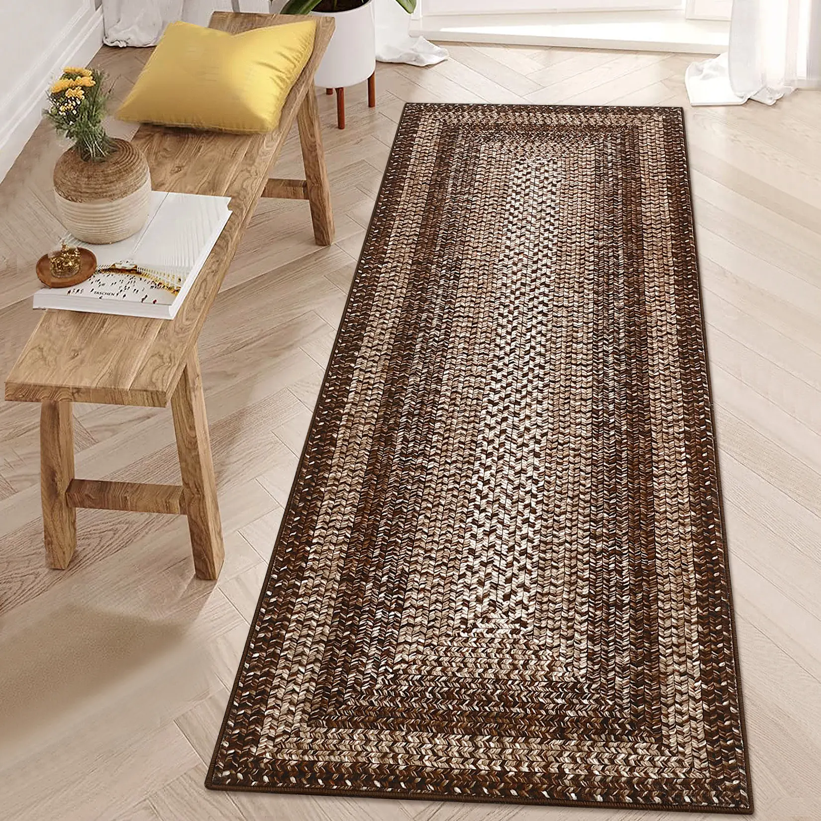 Garvee Machine-Washable Boho Area Rug - Braided-Print Geometric North African Farmhouse Design - Low-Pile Non-Slip, Mark-Resistant Carpet for Living Room/Bedroom, Brown/Grey