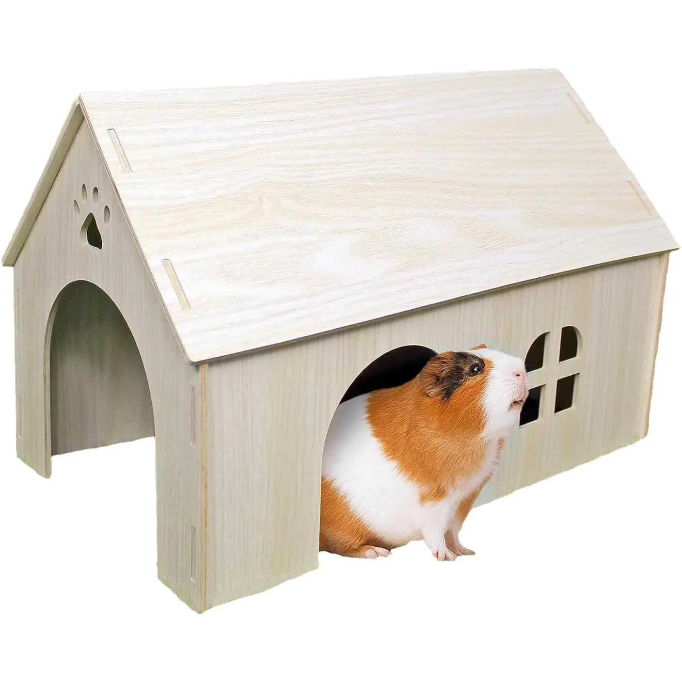 Amonk Poplar Wood Guinea Pig Hideout, 15x9x10in Large Wooden House with Window & Roof, Natural Look, Easy to Assemble, Waterproof Layer Small Pet Sleeping Spot for Bunnies, Hamsters, 15X9x10 Inch