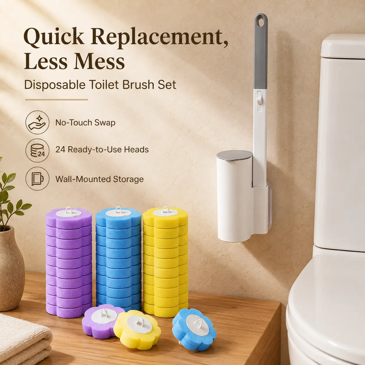 Disposable Toilet Brush Set with Holder & 24 Self-Cleaning Refill Heads – Wall-Mount Bathroom Cleaning System, No Mess, No Odor, No Pre-Rinse, Toilet Bowl Cleaner Kit for Sink Bathtub Drain Urinal 36-Count Mixed Scent Disposable Toilet Brush Refill Heads