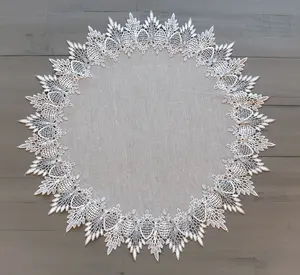 Linens Art And Things - Earth Tone Silver Lace on Silver Fabric Large Doily, Table Topper (24"/ 34" Round)