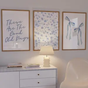 These Are The Good Old Days Print, Blue Floral Bow Wall Art Set of 3, Aesthetic Trendy Preppy Dorm College Chinoiserie Prints, Grandmillennial