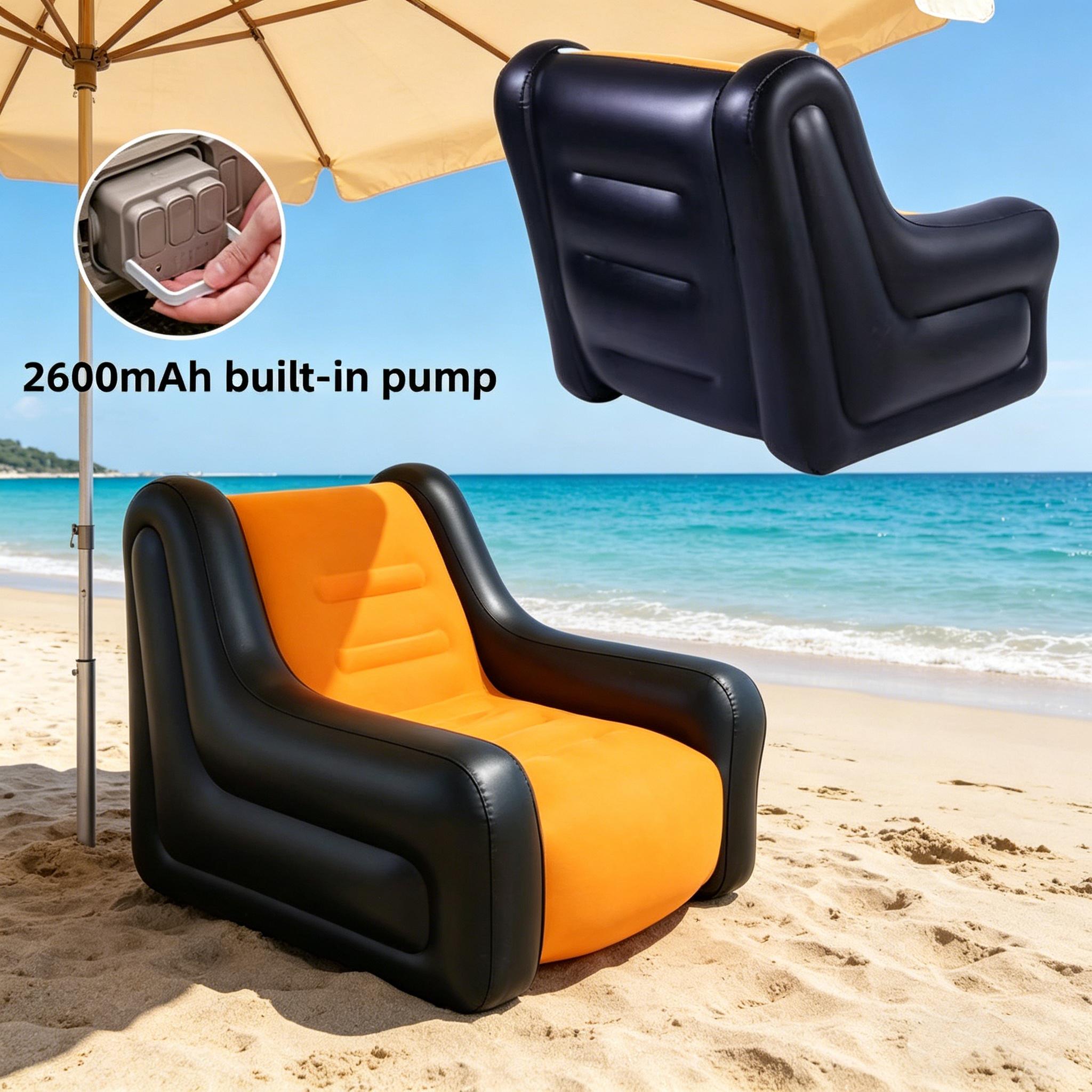1pc Adult Plush Automatic Inflatable Sofa with 2600mAh Built-in Battery Pump, One-Click Inflate Deflate, Foldable Armrests for Home Camping Music Festival Outdoor Picnic Travel Leisure