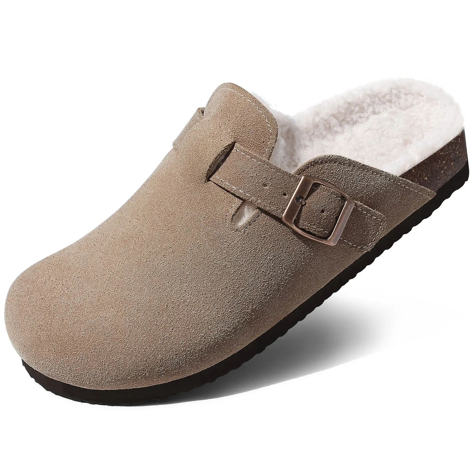 KIDMI Women's Warm Fur Lined Genuine Suede Clogs Fuzzy Cork Footbed Potato Shoes | With Arch Support,Indoors & Outdoors,Rubber Soles,Easy To Slip On And Off,All Day Comfort.