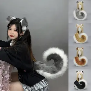 Furry Anime Dog Ear Headband Tail Cartoon Comic-Con Cosplay Costume Accessories Simulation Plush Animal Ears Tail