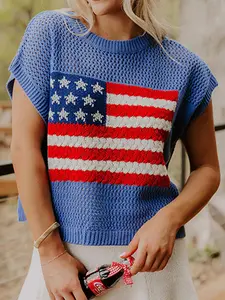 Women's Vintage-Style American Flag Short Sleeve Sweater with Ribbed Trim and Distinctive Intarsia Stars & Stripes Design - Perfect for Summer Holidays, Backyard BBQs, and Patriotic Celebrations
