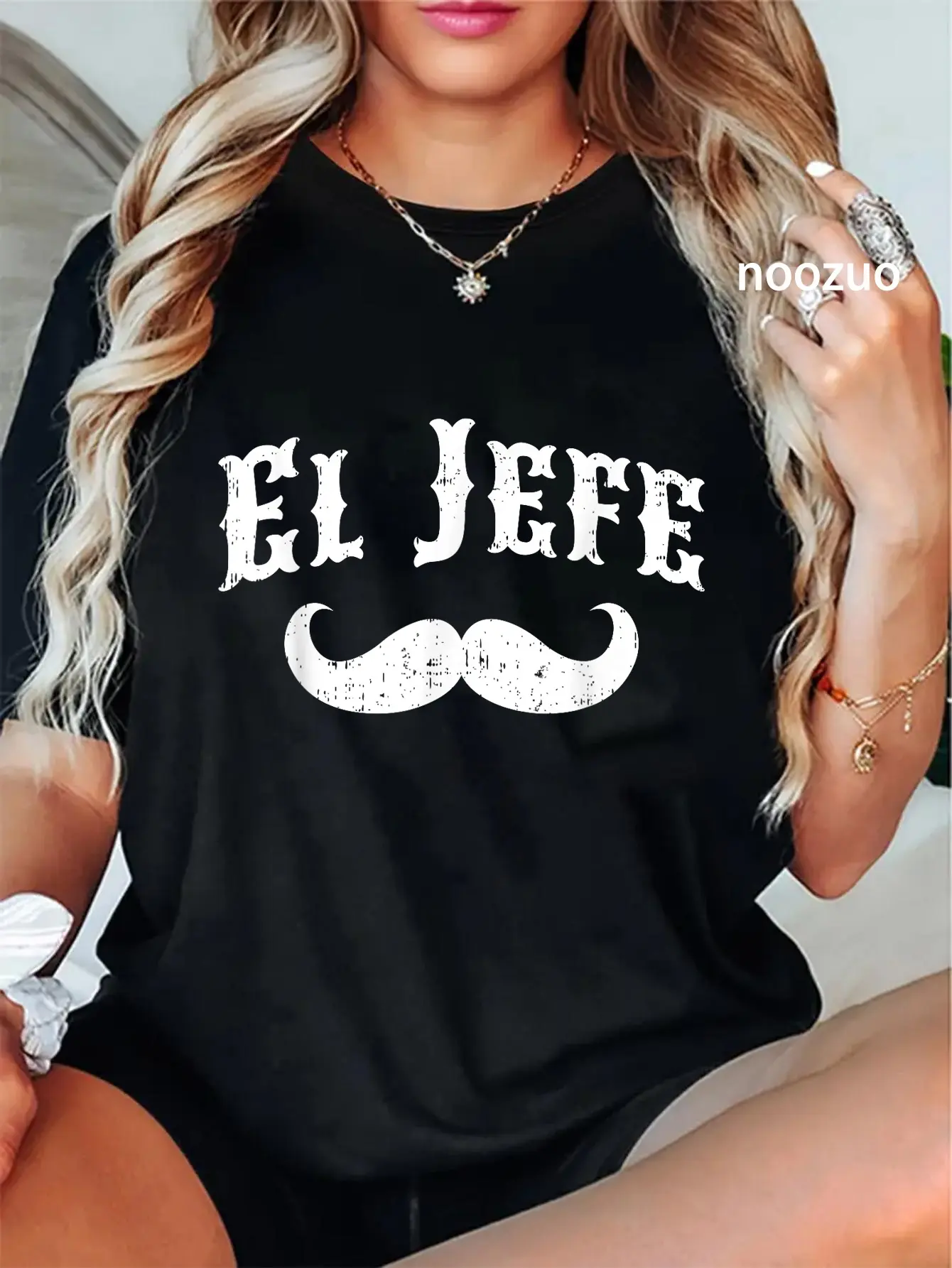 Women's 100% Cotton Vintage Short Sleeve Round Neck Top - Funny "El Jefe" The Boss Slogan, Distressed Vibe Casual Tshirt Everyday Wear, Shortsleeve, Funny Slogan