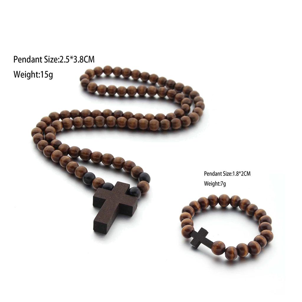 for Cross Jesus Wood Bracelet Necklace Pendant Men Woman Wooden Beads Carved Long Rosary Catholic Necklaces Male Jew
