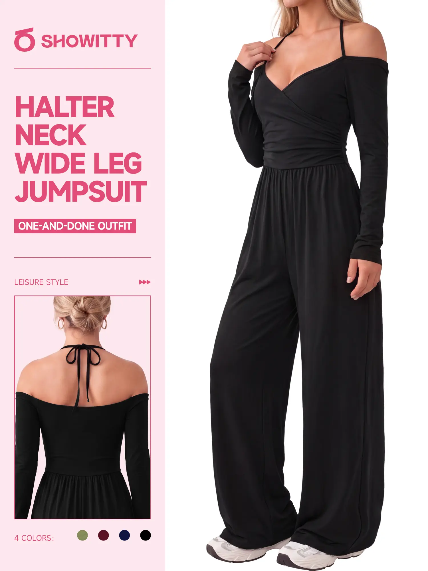【One & Done】SHOWITTY Womens Off Shoulder Long Sleeve Jumpsuit Wide Leg One Piece Casual Outfit for Women