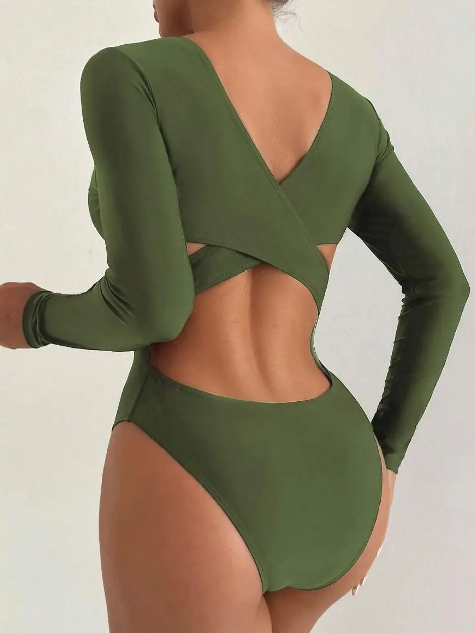 Solid Cross-Back Hollow-Out Long Sleeve Monokini - Summer Beach Vacation Tummy Control