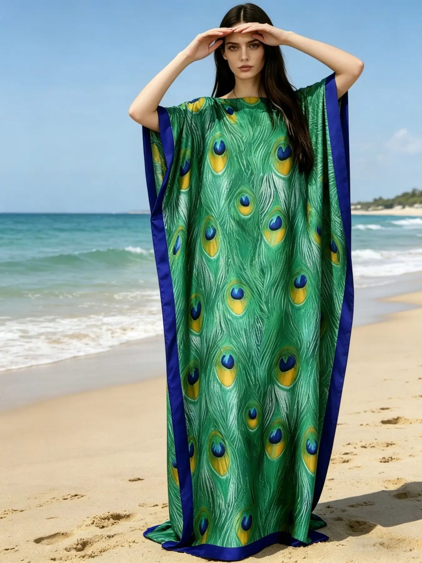 Two piece satin Boho Kaftan set, Beach Kaftans, Caftan Beach, green and blue peacock feather dress with scarf, women's oversized summer beach skirt, a loose, casual choice for daily and party wear, perfect for beaches and resorts