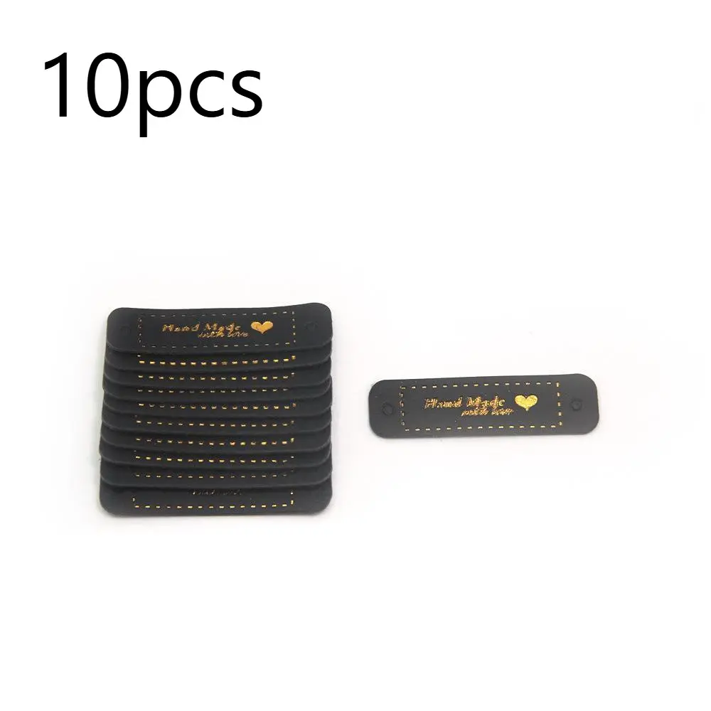 10pcs Handmade PU Leather Tags Handmade with Love PU Labels Faux Leather Sew On Labels Embellishment Knit Accessories with Holes for DIY Crafts Sewing Crochet Knitting Hats (Brown, Black, White)