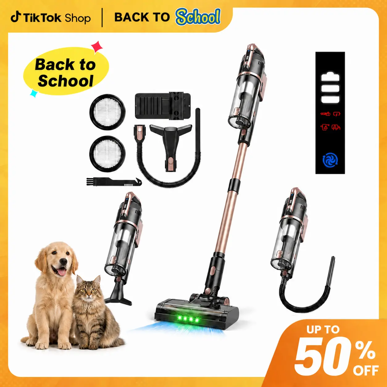 [BackToSchool]2026 Newly Upgraded V15 Cordless Vacuum Cleaner, Especially for Pets Home,500W Brushless Motor, Self-Standing Stick Vacuum with LED Display, Removable Battery and Anti-Tangle Brush for Pet Hair, Carpet and Hard Floors