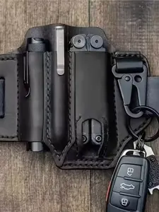 Genuine Leather Tool Belt with Convenient Tool Pockets, Flashlight Holder, Pen Loop & Key Clip, Detachable Strap, Open-Top Design, Heavy-Duty Organizer