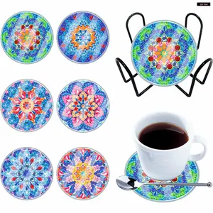 6PCS Diamond Painting Art Coaster Kit Mandala Acrylic Diamond Painting DIY Coaster Small Monster Washable Diamond Painting Crafts Coaster Butterfly with Holder for Coffee Table Bar Mugs Glass Cup Beer