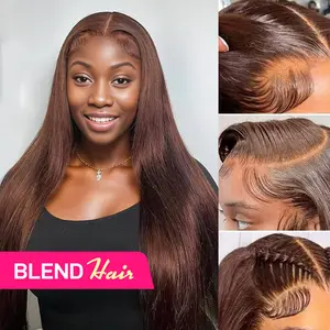 [Blend Hair]YAWAWE Hair 28inch Chocolate Brown Blend Human Hair Lace Front Wigs Pre Plucked 13x6 Straight High Density Colored #4 Light Brown with Drawstring Effortless Install Ear to Ear Bone Straight 13x6 Lace Front Wig with Baby Hair
