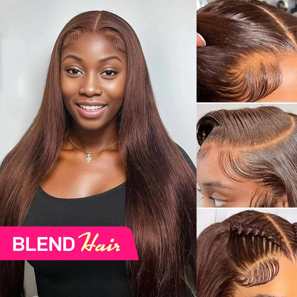 [Blend Hair]YAWAWE Hair 28inch Chocolate Brown Blend Human Hair Lace Front Wigs Pre Plucked 13x6 Straight High Density Colored #4 Light Brown with Drawstring Effortless Install Ear to Ear Bone Straight 13x6 Lace Front Wig with Baby Hair