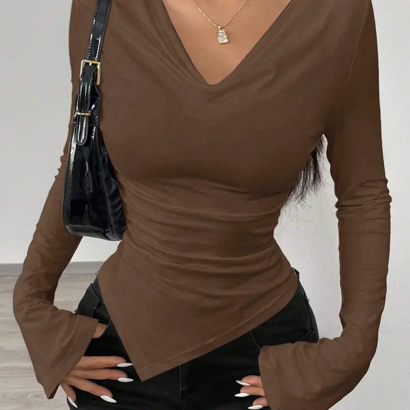 Women's Chic Asymmetrical Neck Knit Long Sleeve Fitted Vneck Tee, Casual Fashion Top, Comfortable Stretch Fabric, Perfect for Daily Wear & Layering, Aesthetic Casual Knitwear, Knitwear, Womenswear, V Neck Longline