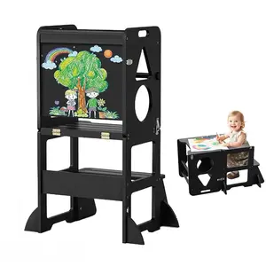 WOODURE  4-in-1 Toddler Kitchen Step Stool - Foldable Learning Tower with Blackboard for Kids Ages 1-3 4-in-1 Toddler Kitchen Step Stool- Foldable Learning Tower with Blackboard for Kids Ages 1-3  summervibes summerwins