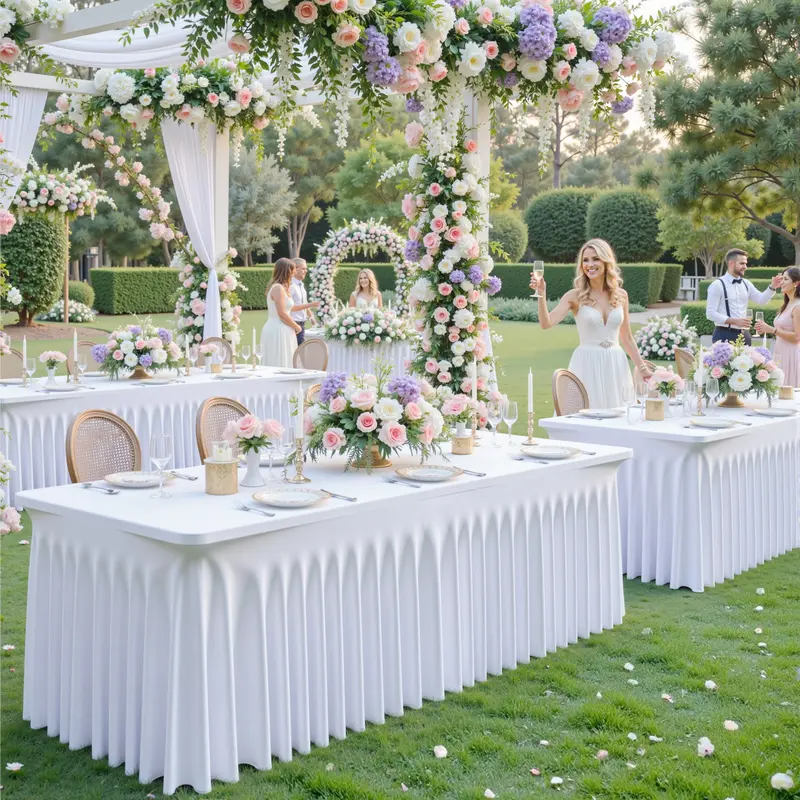 4/6/8FT Spandex Tablecloths for Rectangle Tables Wrinkle Free Washable Table Cloth Rectangle Stretch Fitted Table Cover with Skirt for Wedding Birthday Party Banquet Baby Shower Buffet Event Summer Vibes Outdoor Fun  ,friendsgiving,christmas decoration