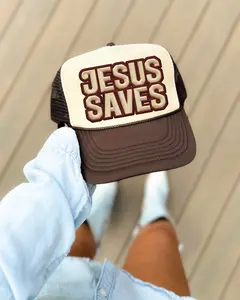 Jesus Saves Faux Embroidered  Brown and Tan Unisex Foam Trucker Hat