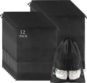 12 Pack Large Shoe Bags for Packing with Clear Window, Dustproof Drawstring Travel Shoe Storage Bags for Men & Women, Black