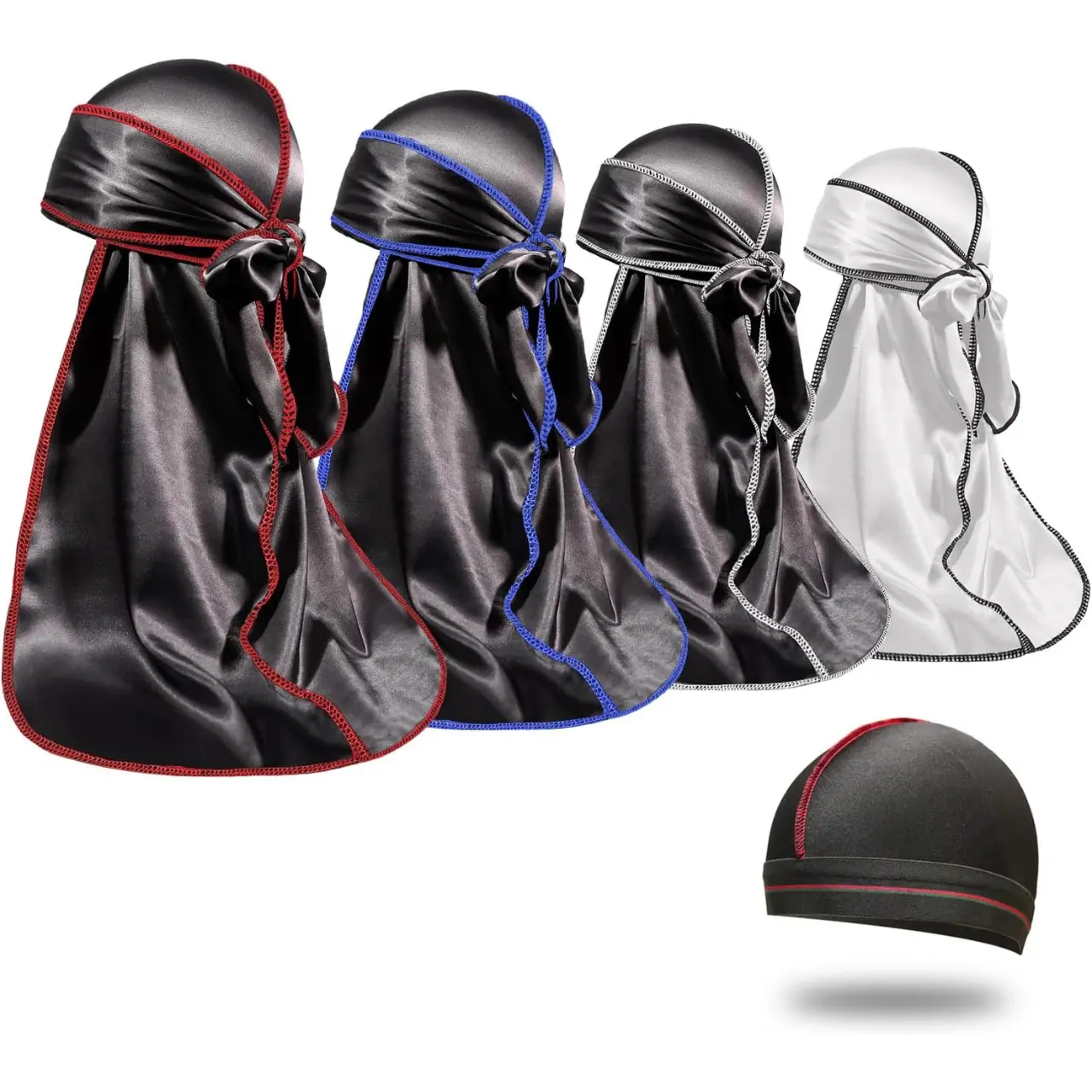 4 Pack Silky Durags for Men Women 360 Waves with 1 Wave Cap Silky Satin Durag Extra Long Tails
