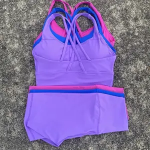 Solid Color Women Soft Gym Yoga Set Cycling Short Legging 2pc Cross Sport Bra Tracksuit Suit Comprehensive Training Jog Athletic